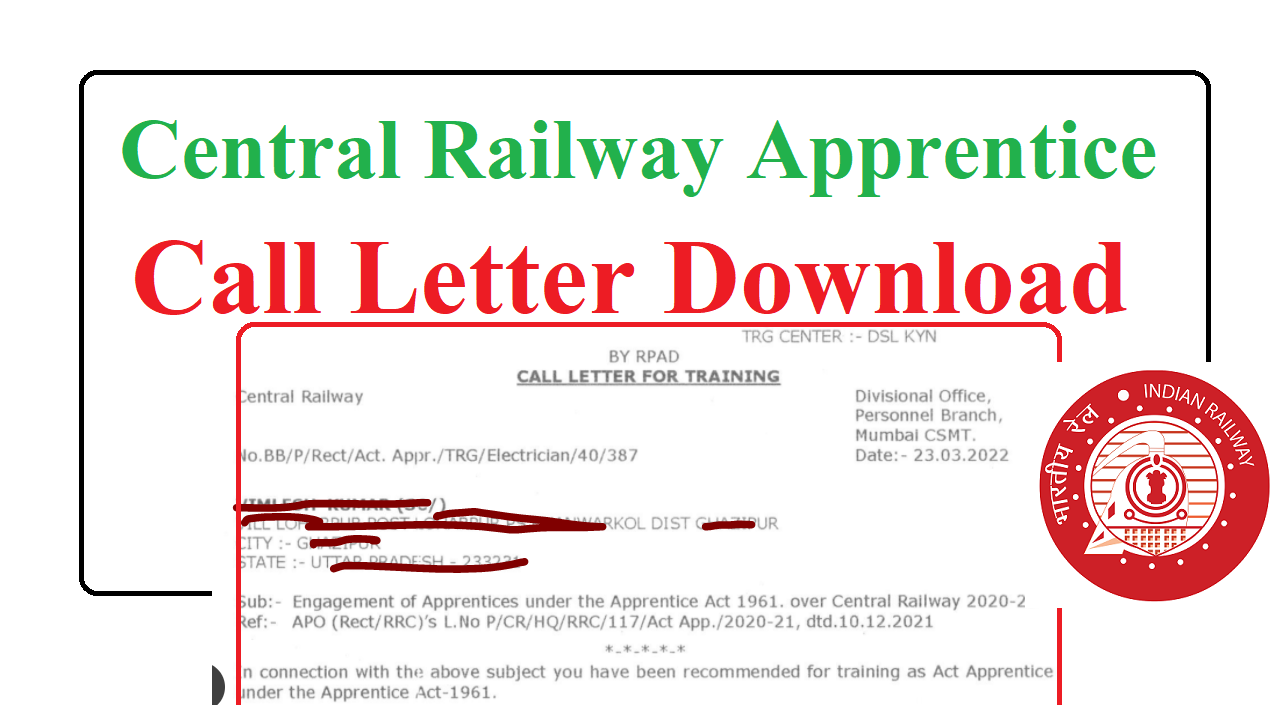 Central Railway Apprentice Call Letter 2020-21 ‣ Anil Sir ITI