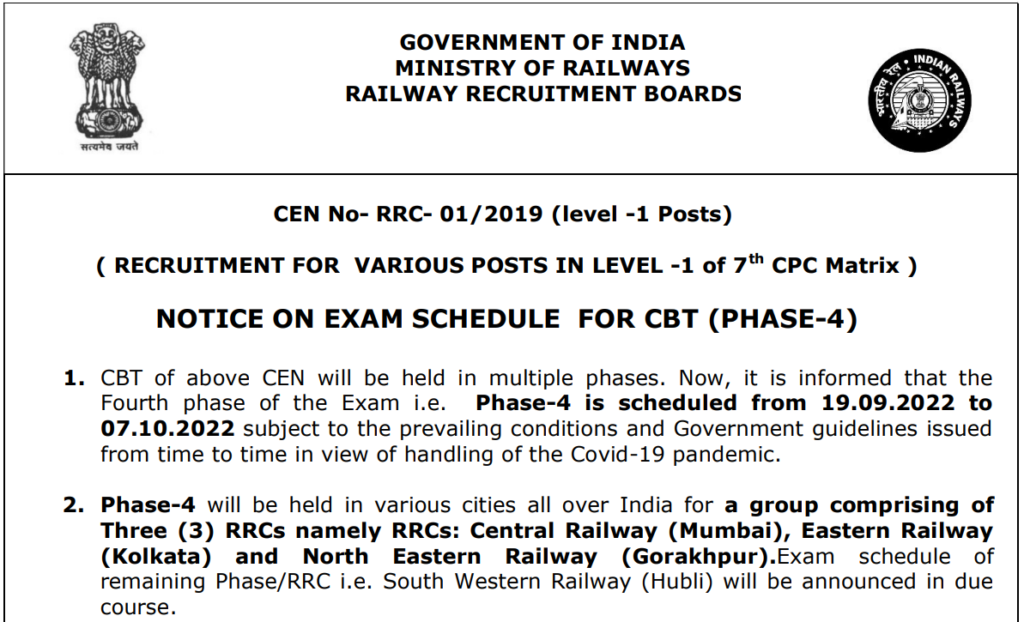 Railway Group D Phase 4 Official Notice Released RRC CEN 01 2019 Group