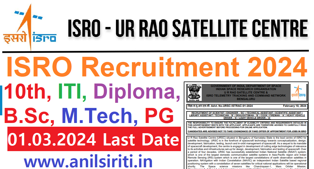 ISRO URSC Recruitment 2024, 10th, ITI, Diploma, B.Sc, M.Tech, PG latest