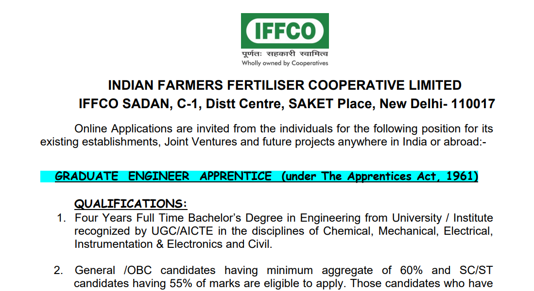 IFFCO Apprentice Recruitment 2024, 31072024 last date ‣ Anil Sir ITI