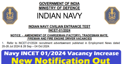 Indian Navy INCET 01/2024 Civilians Vacancies Increase Notification Out