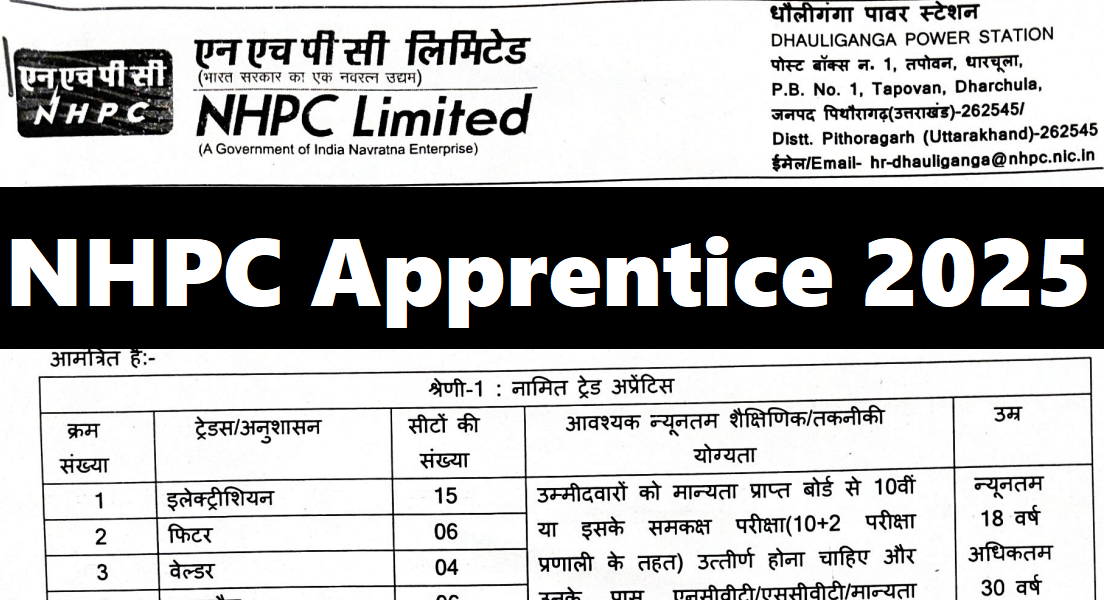 NHPC Limited Apprentice Recruitment 2025, ITI, Diploma latest vacancy