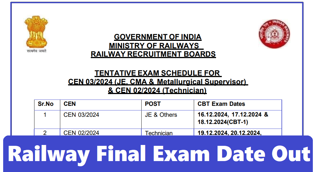 RRB Technician, JE Others Final Exam Schedule Out 2024-25 @rrbapply.gov ...