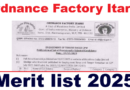 Ordnance Factory Itarsi Merit list 2025 Out