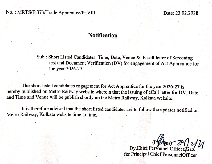 Kolkata Metro Apprentice Merit list 2026