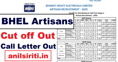 BHEL Artisans Official Cut off 2026 Out, BHEL Call letter for Skill test 2026 Out