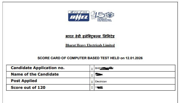 BHEL Artisan CBT Score Card 2026 Sample