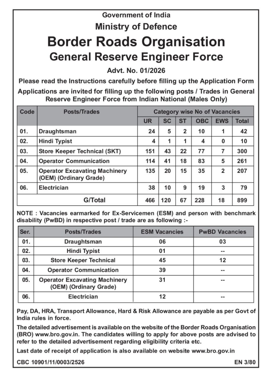 BRO GREF Recruitment 2026 Official Notification Advt 01/2026