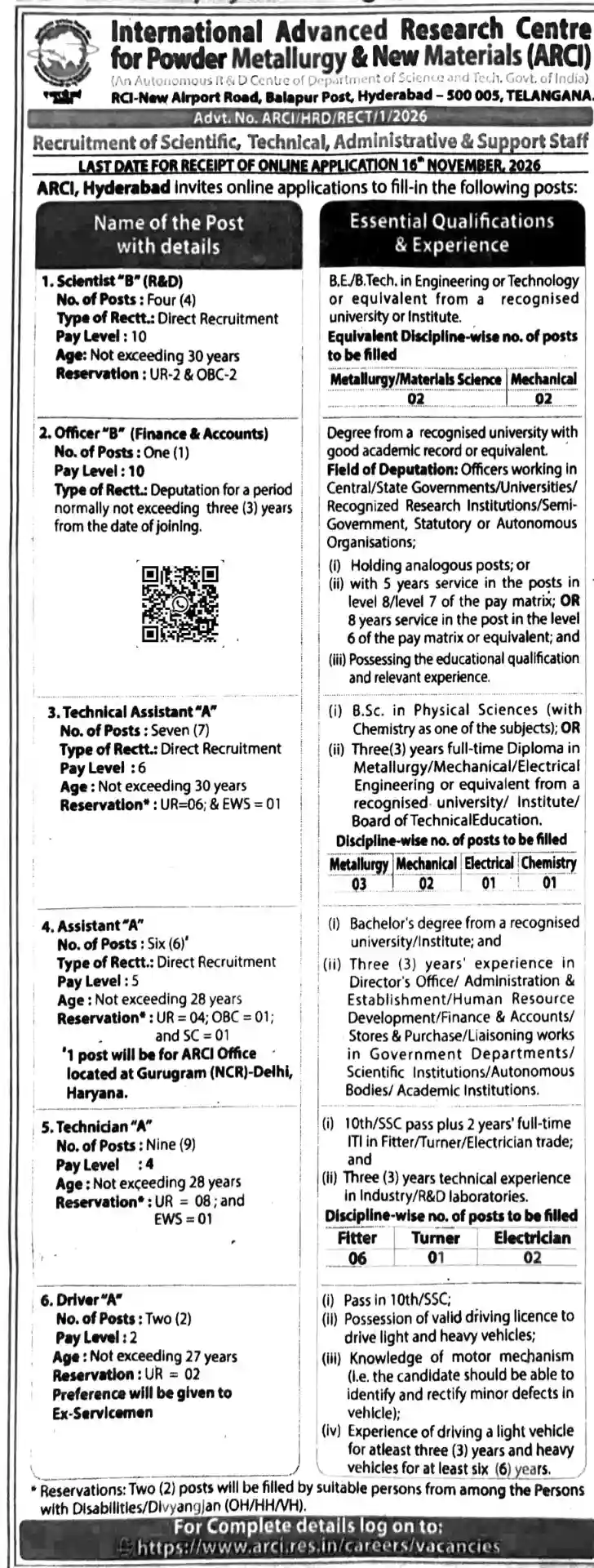 ARCI Hyderabad Recruitment 2026 Notification