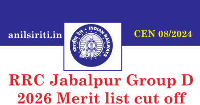 RRC Jabalpur Group D 2026 Merit list cut off Out CEN 08/2024
