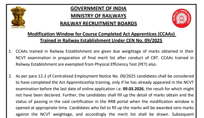 RRB Group D CEN 09/2025 CCAA Modification window 2026 Out